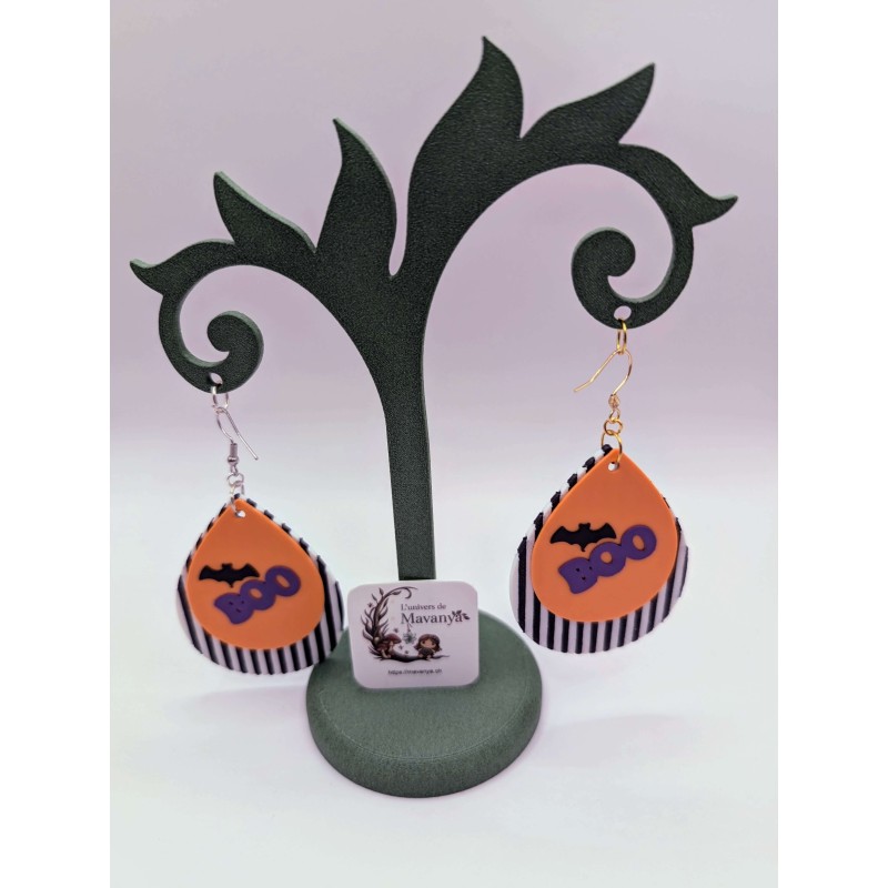 Boucle d'Oreille "Big Boo" | Goutte Halloween Rayée Orange et Noir Boucle d'Oreille "Big Boo" | Goutte Halloween Rayée Orange et Noir